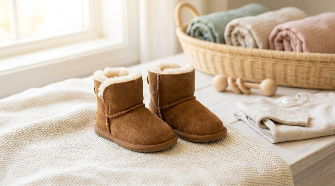 Dad holding a tiny sheepskin winter boot next to an 11-month-old baby.