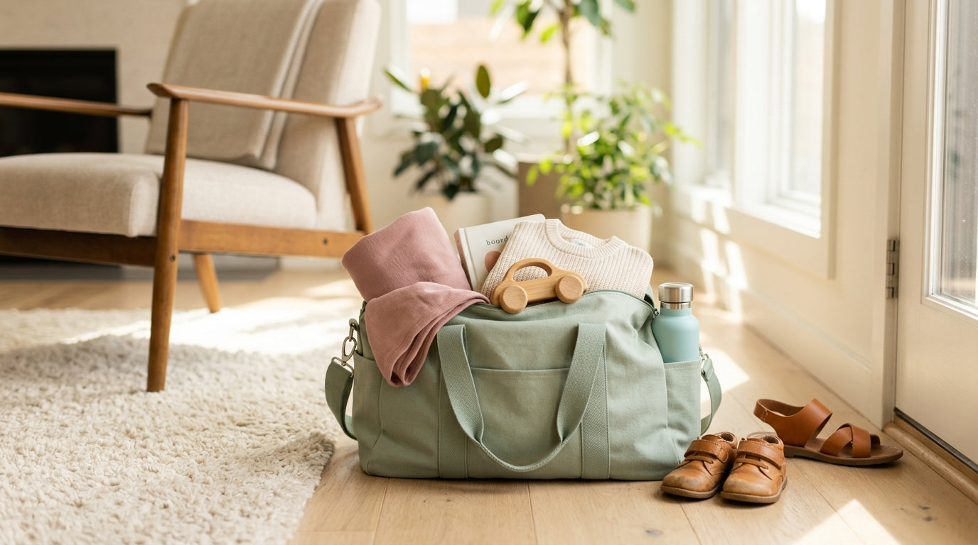 Mother packing an organic baby transit bag in a busy coffee shop parking lot
