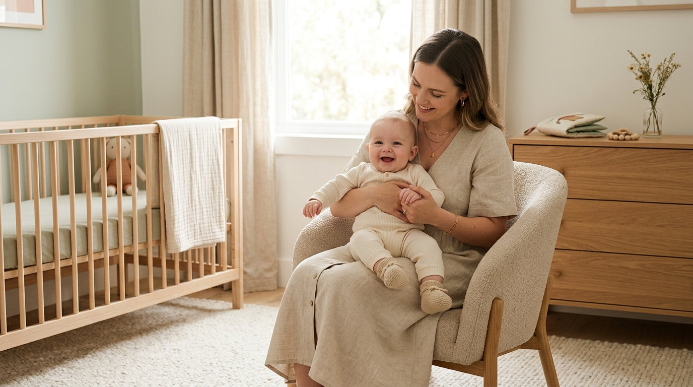 Mother holding her toddler looking at a smartphone screen with vintage audio playing