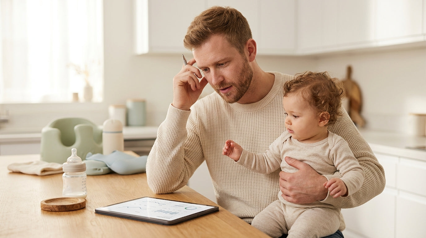 Tired dad reading consumer reports baby formula data on a laptop in the dark