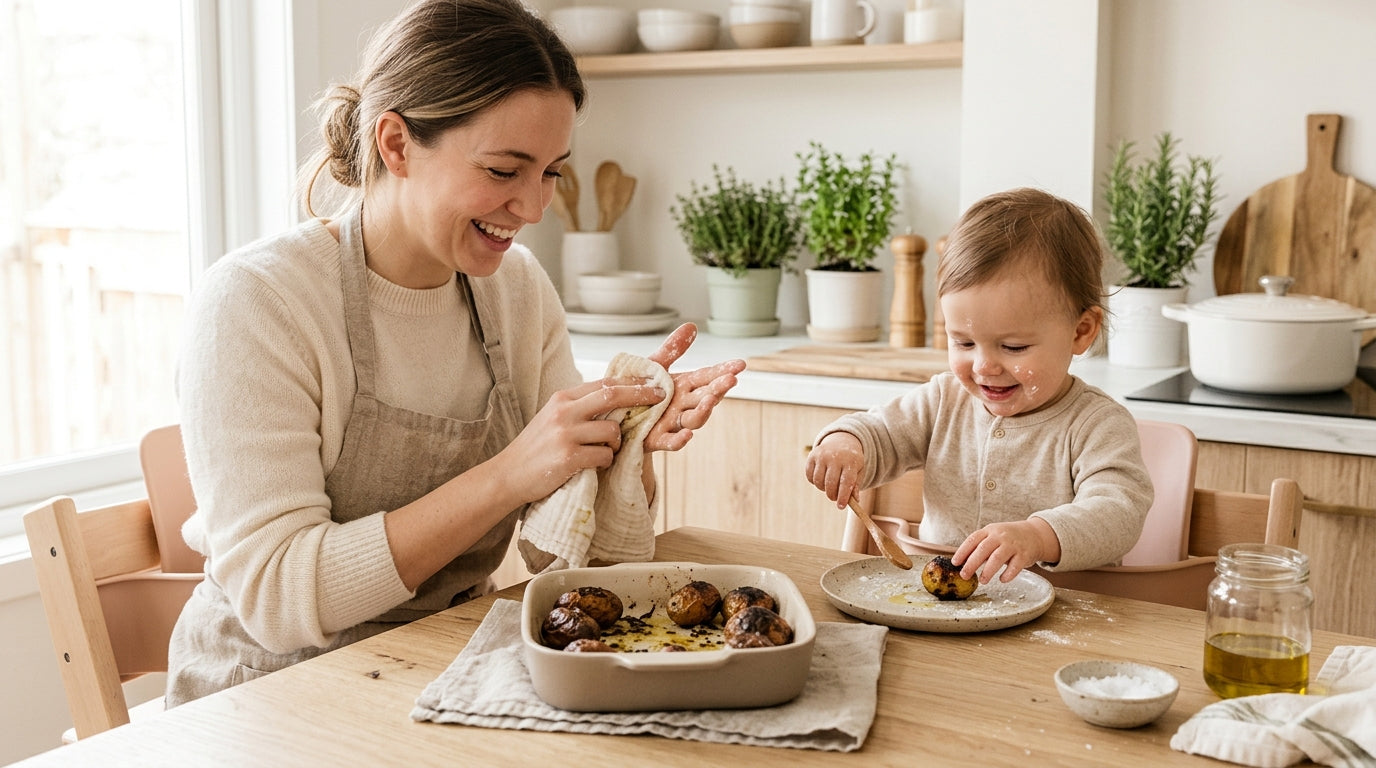 Messy high chair tray with squished roasted baby potatoes and a teether