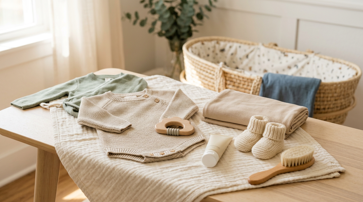 Mother looking at a list of newborn must haves while holding laundry