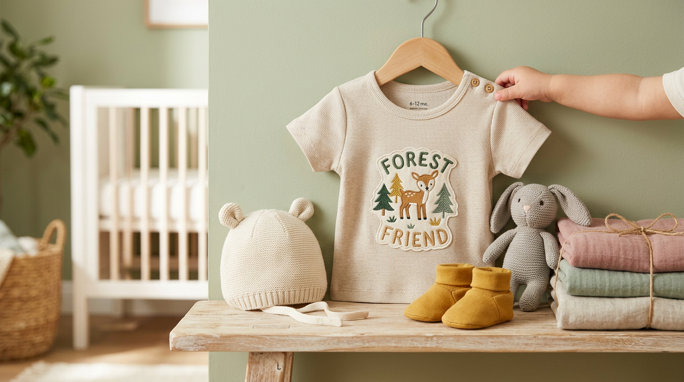 An infant wearing a soft organic cotton shirt sitting on a playmat