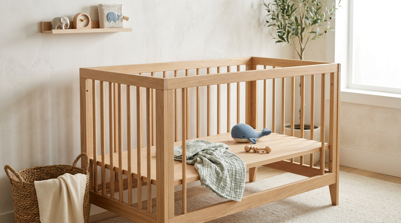 Marcus holding a folded universe pattern baby blanket in a nursery