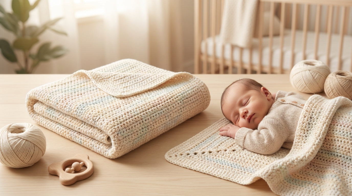 Close up of an organic cotton crochet blanket for newborn babies