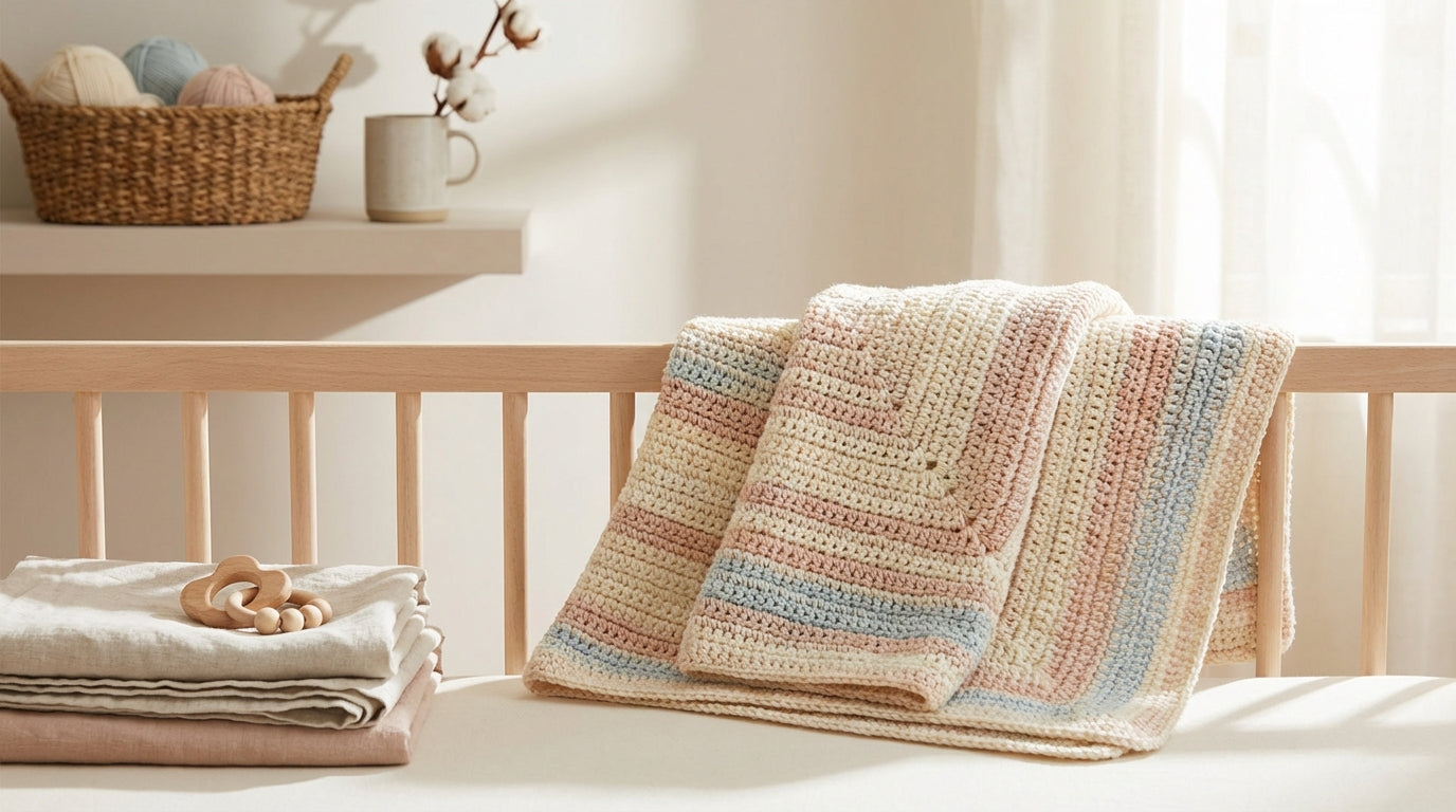 Half-finished mint green baby blanket next to a cold cup of coffee