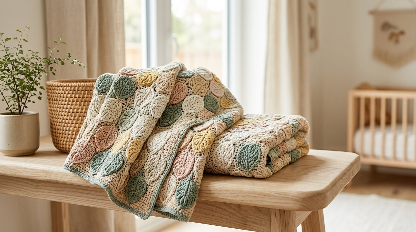 A textured crochet leaf blanket in organic green yarn folded on a wooden nursery chair