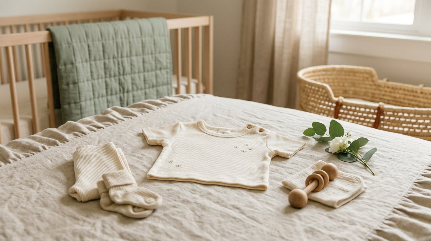A baby wearing a white cropped baby tee while lying on a playmat.