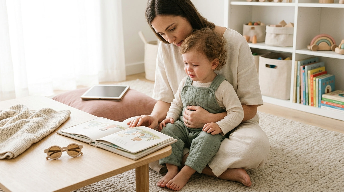 Exhausted mother holding a crying baby while looking at a tablet screen