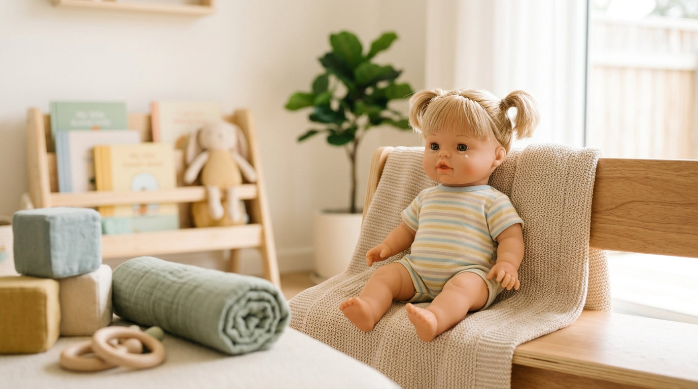 A toddler playing with a crying baby doll next to a wooden play gym