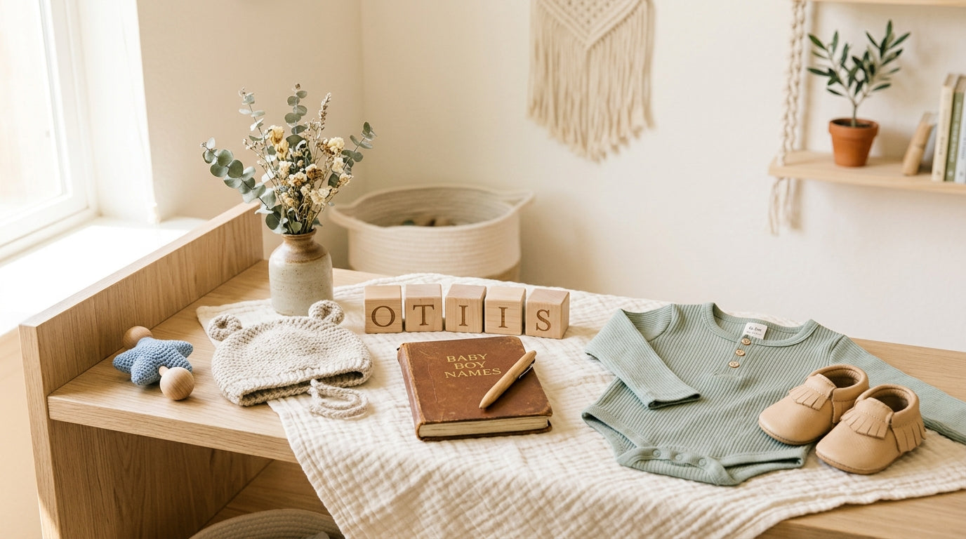 Pregnant mother drinking coffee looking at a list of baby boy names on her phone