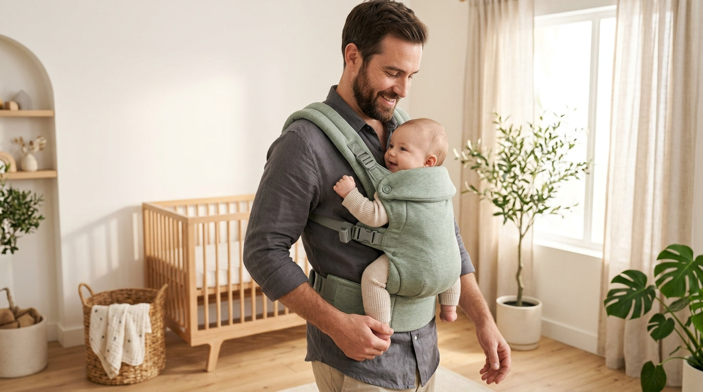 A dad looking confused while tangled in a long fabric wrap holding a baby