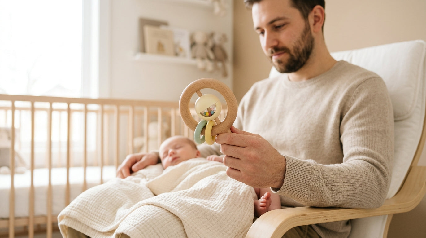 A tired dad holding a wooden baby rattle while looking at his laptop