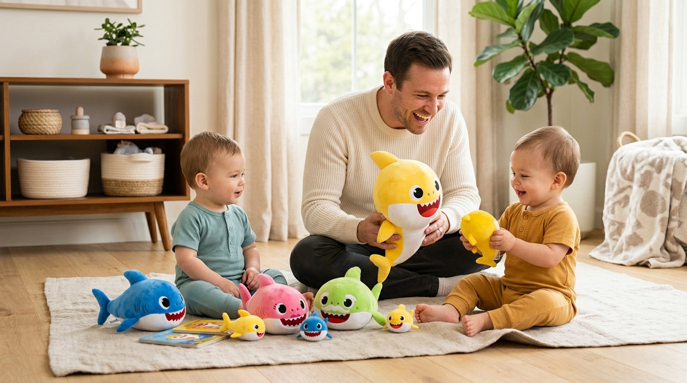 Dad staring hopelessly at a singing yellow plastic fish toy