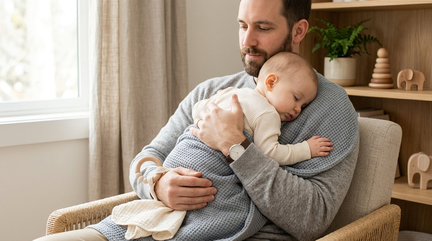 An exhausted dad looking at his phone while holding a crying baby.