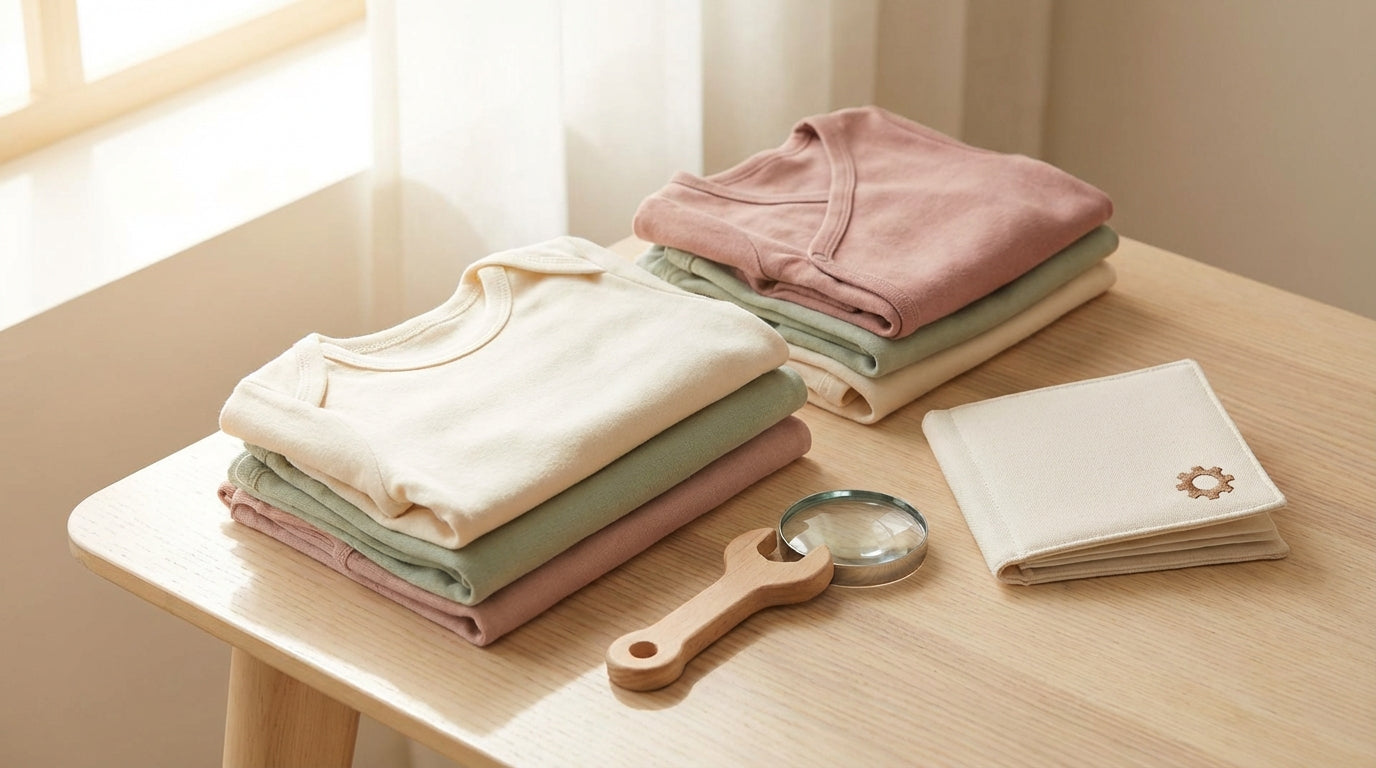 A sleep-deprived dad holding a tiny organic cotton bodysuit and looking confused.