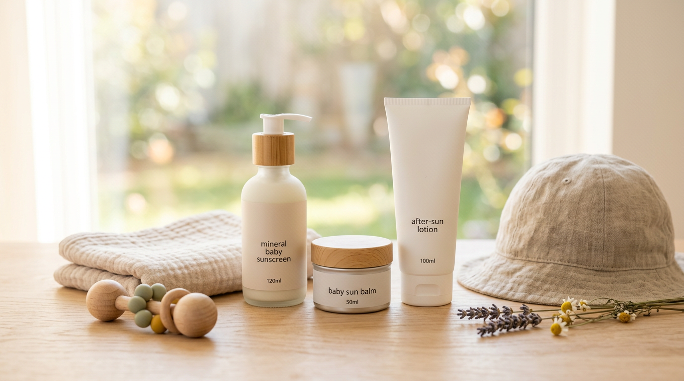 A dad trying to put white mineral sunblock on a squirming eleven month old boy at the beach.