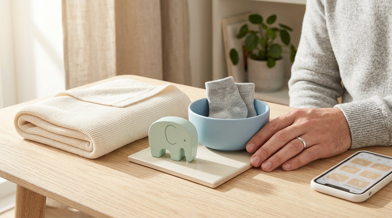 Marcus looking stressed at a laptop with baby gear scattered around the living room
