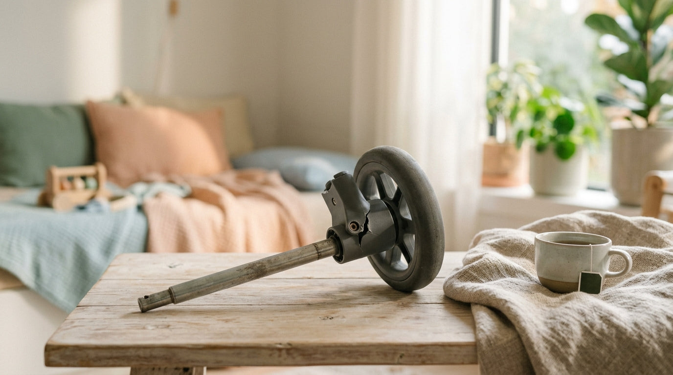 Frustrated dad trying to fold a massive baby stroller in the rain outside a coffee shop.
