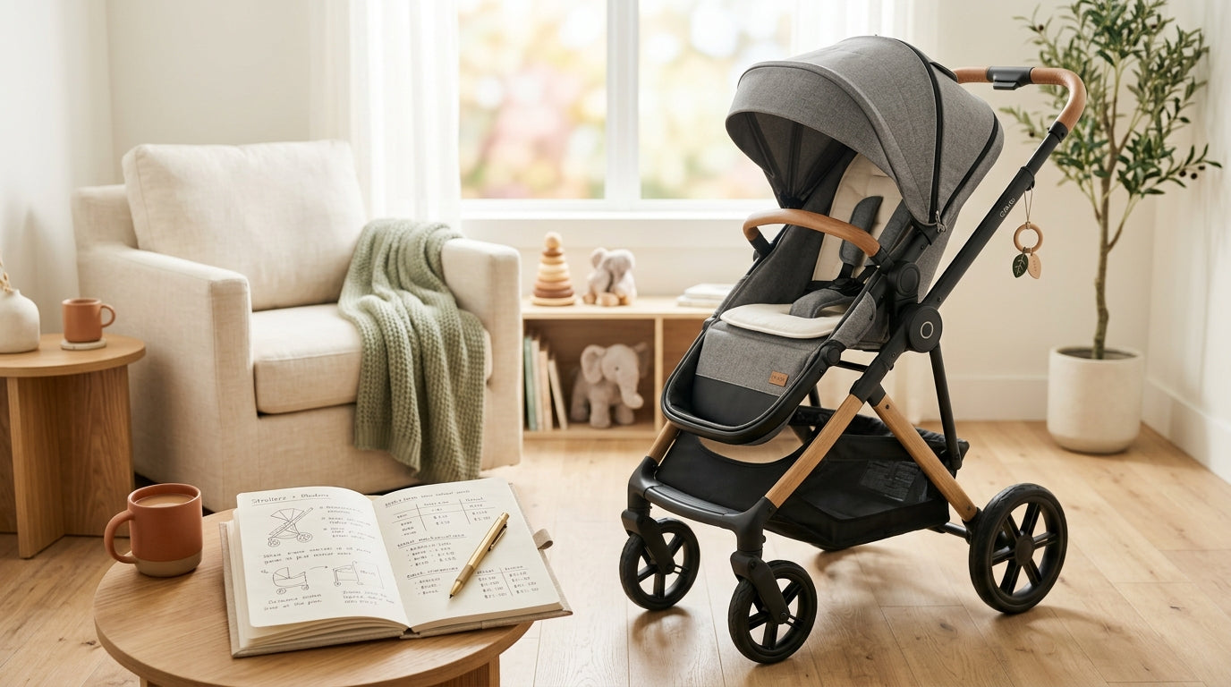 Frustrated dad looking at baby stroller parts on living room floor