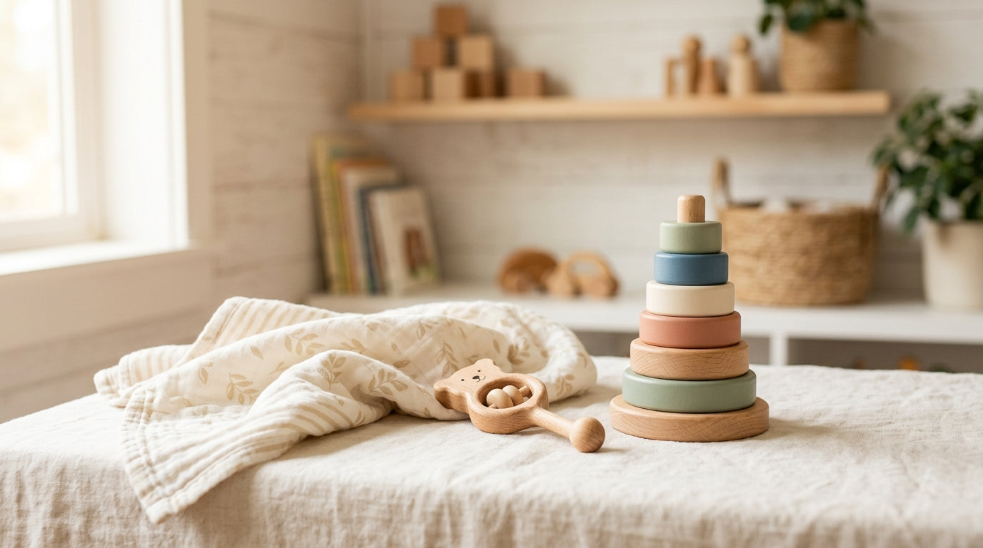 A wooden baby rattle next to a digital caliper and a cold cup of coffee