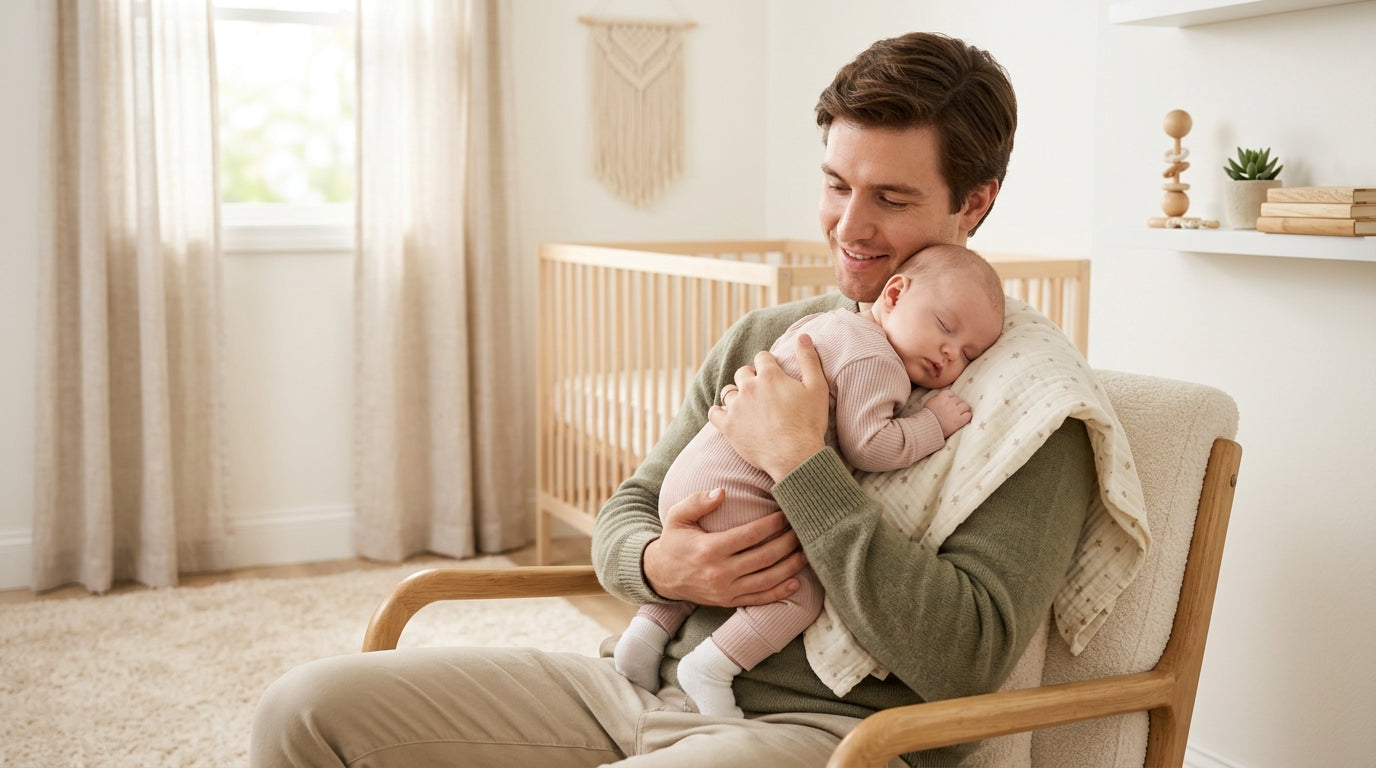 Exhausted dad sitting in the dark holding a crying baby while looking at a smartphone
