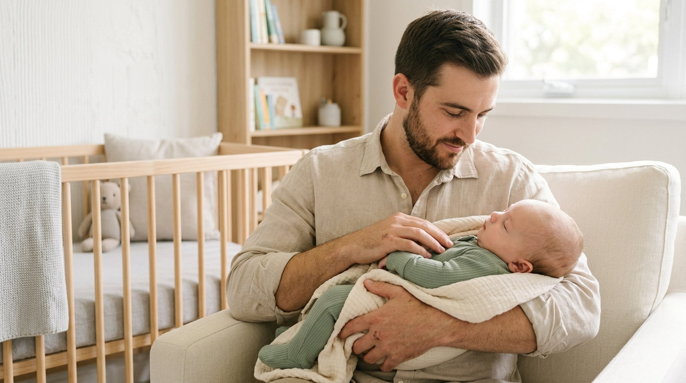 A stressed dad looking at a laptop screen while holding a sleeping baby in a bamboo sleep bag