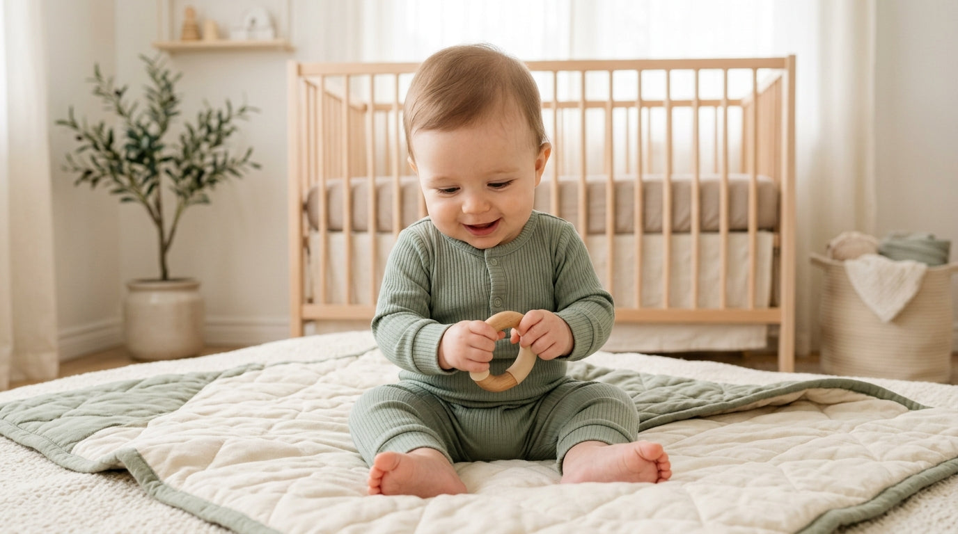 A toddler in an organic cotton bodysuit attempting to bounce to music