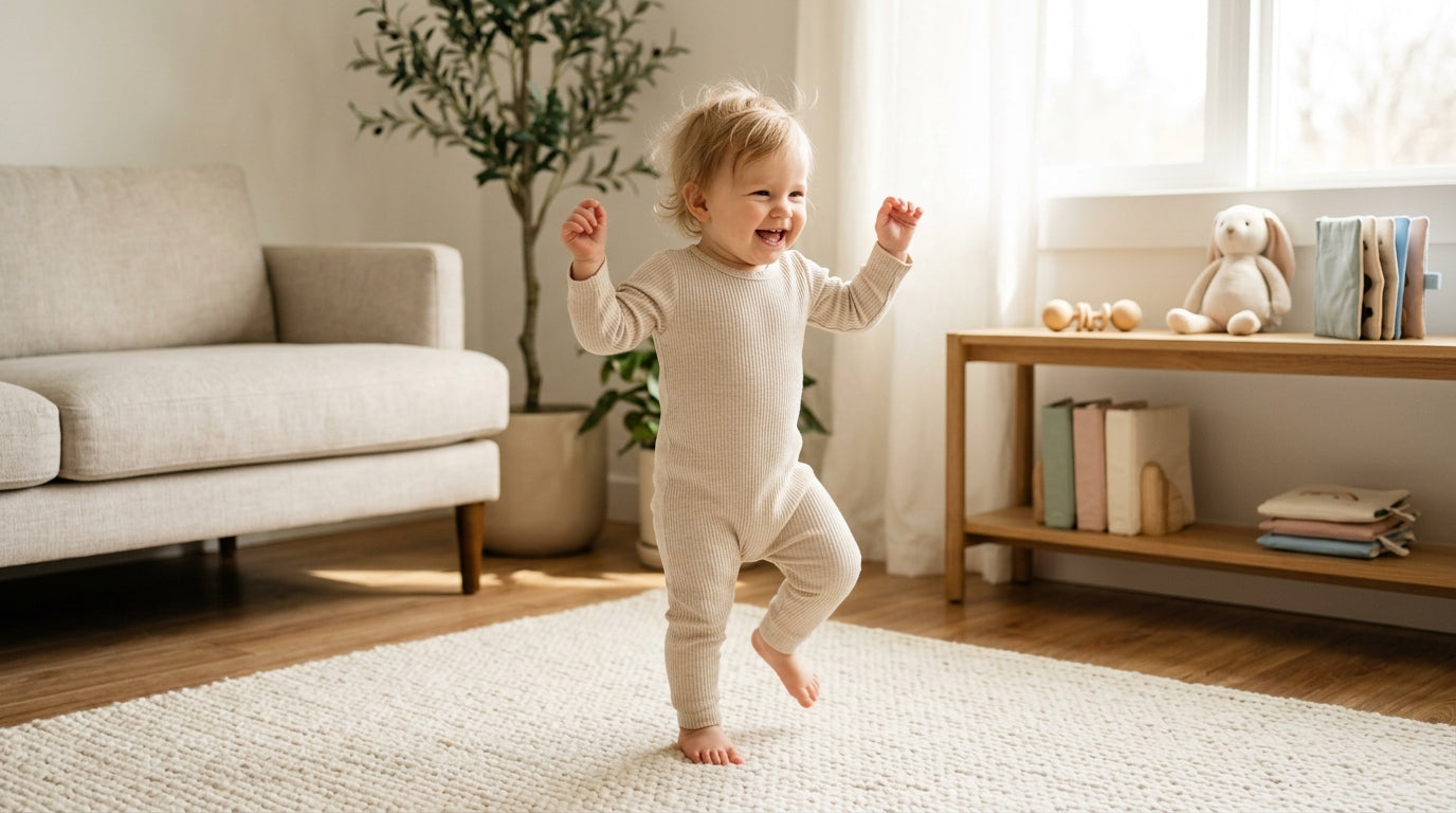 A tired dad trying to keep up with his highly energetic dancing baby