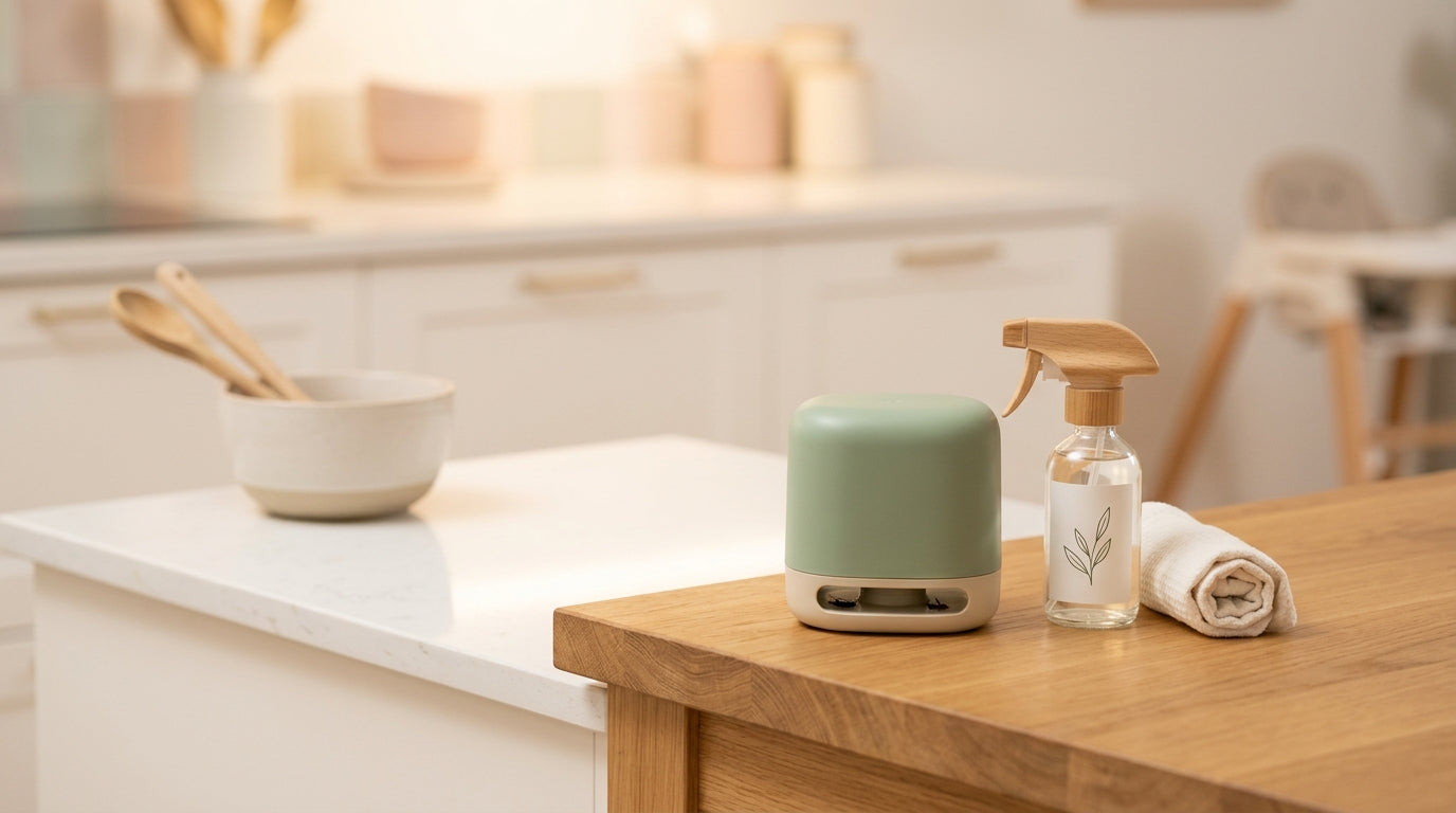 A confused dad looking at a tiny baby roach on the kitchen floor.
