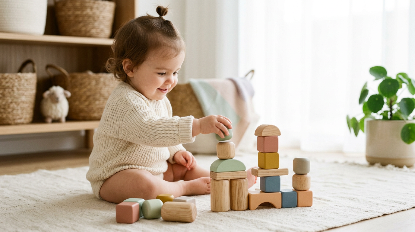 A toddler's hands reaching for scattered wooden building blocks on a rug.