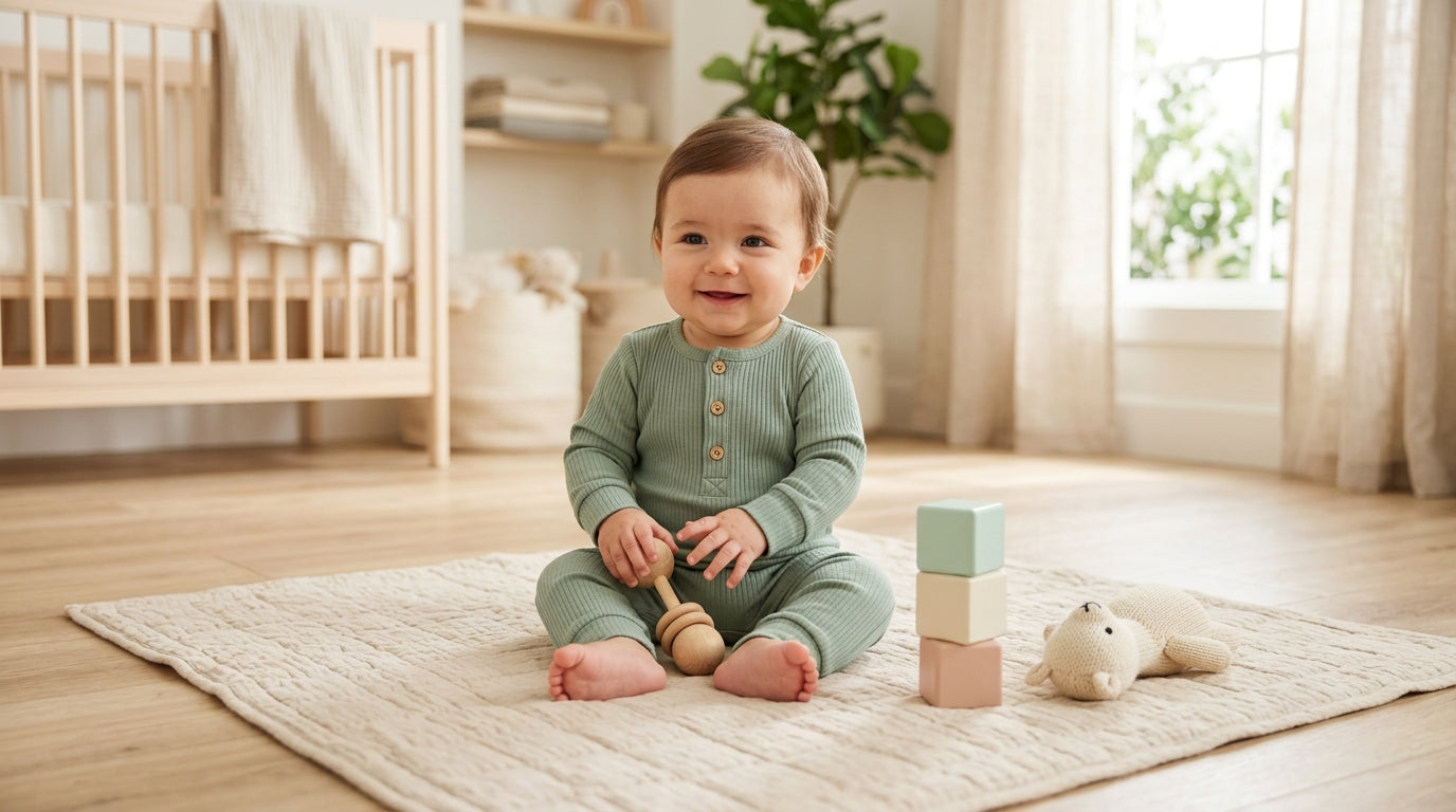Dad catching a baby falling over sideways on a playmat