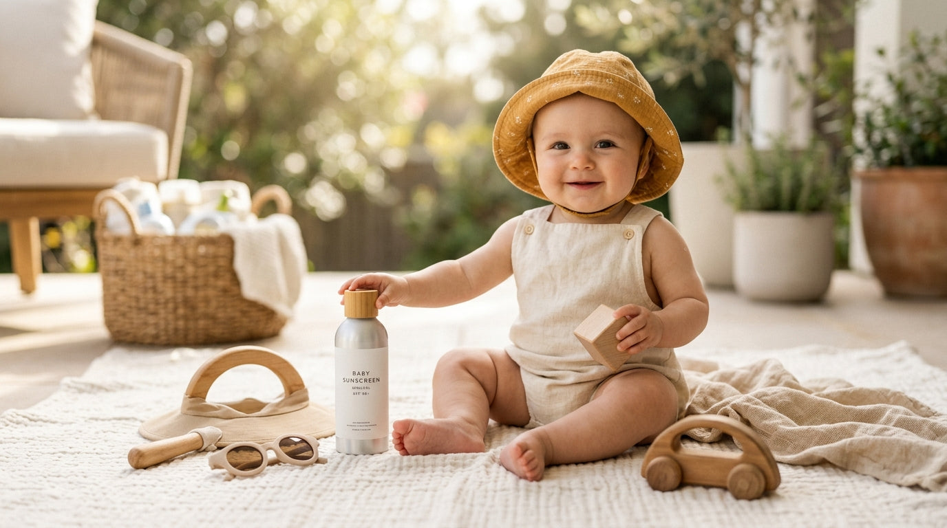 Dad trying to apply thick white mineral sunscreen to an actively squirming baby.