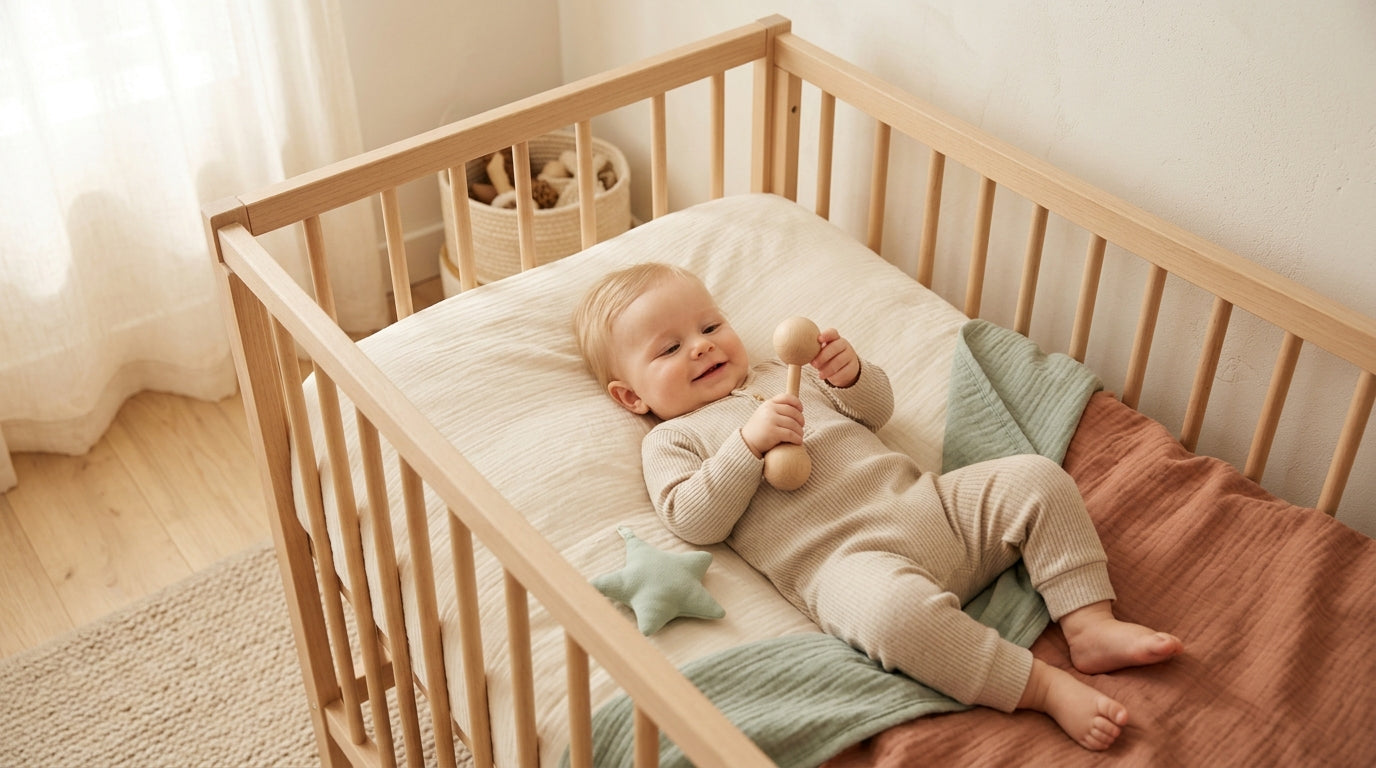 An exhausted dad sitting on the floor surrounded by baby toys