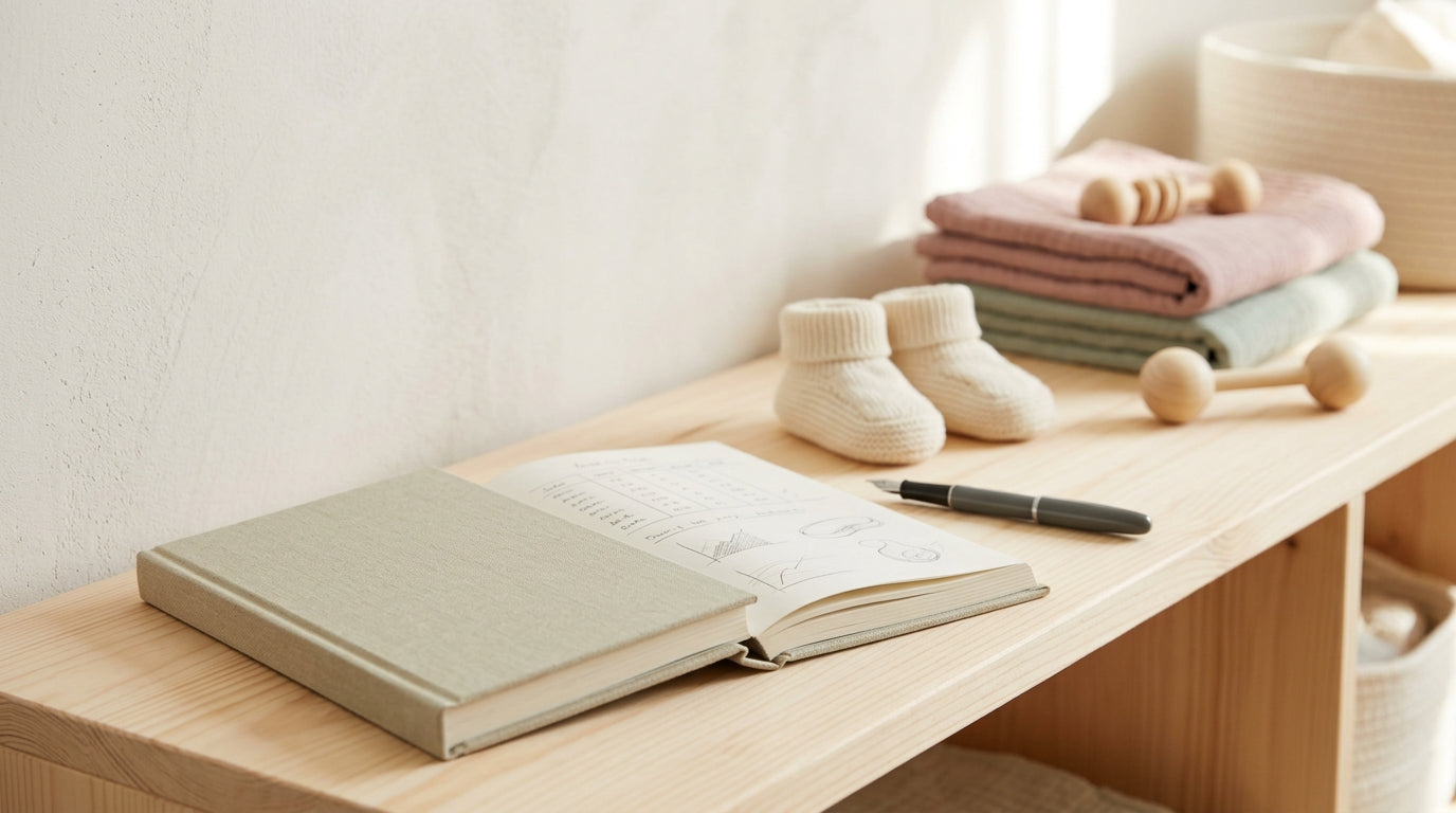 Stressed dad looking at a laptop while holding a squirmy baby