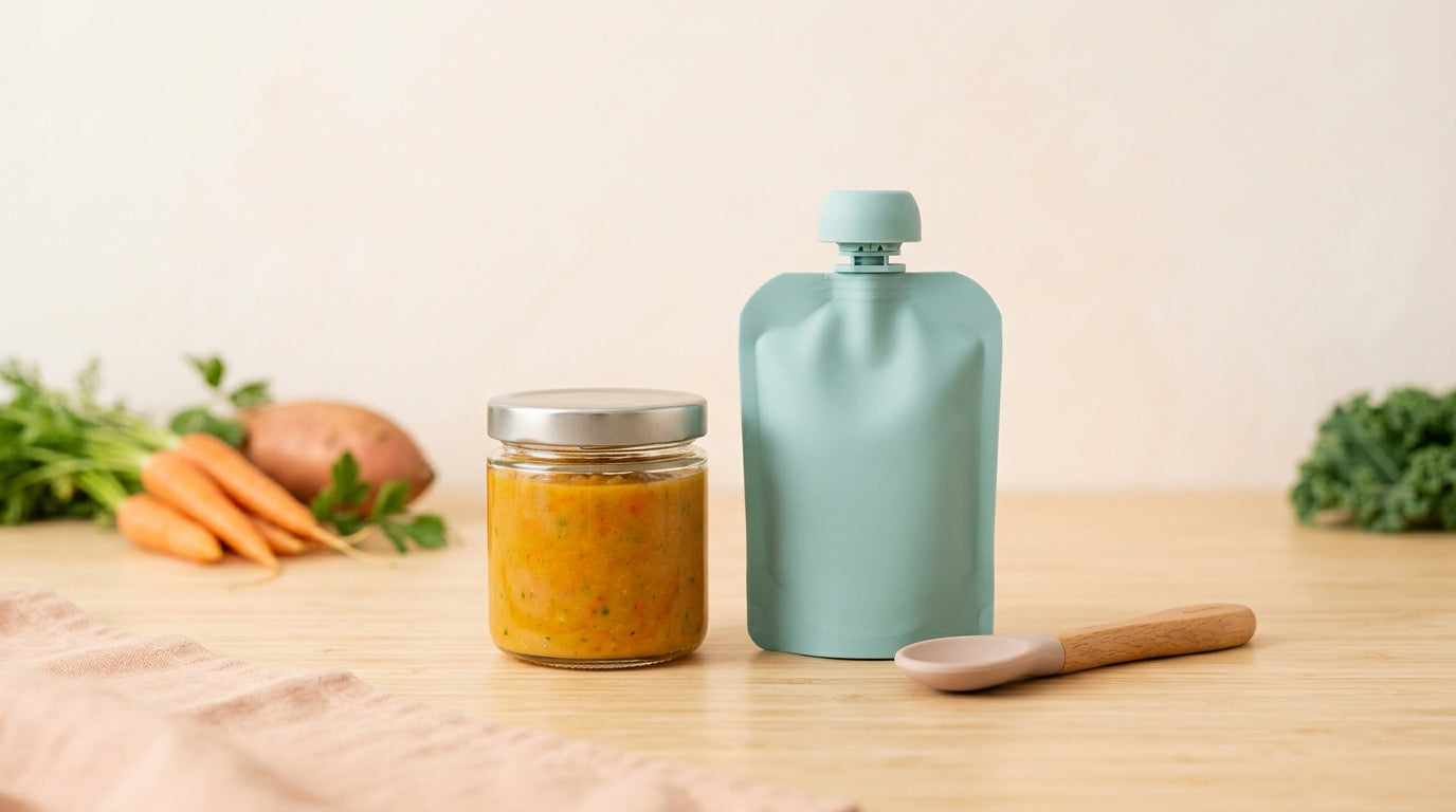 A confused dad looking at jars of organic baby food in the grocery store.