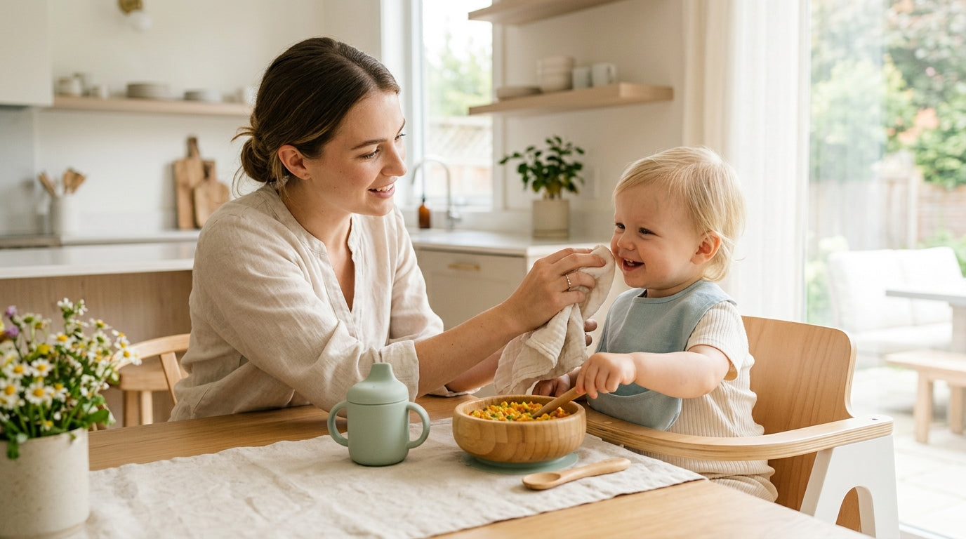 Messy baby eating puree from a reusable silicone food container in a car seat