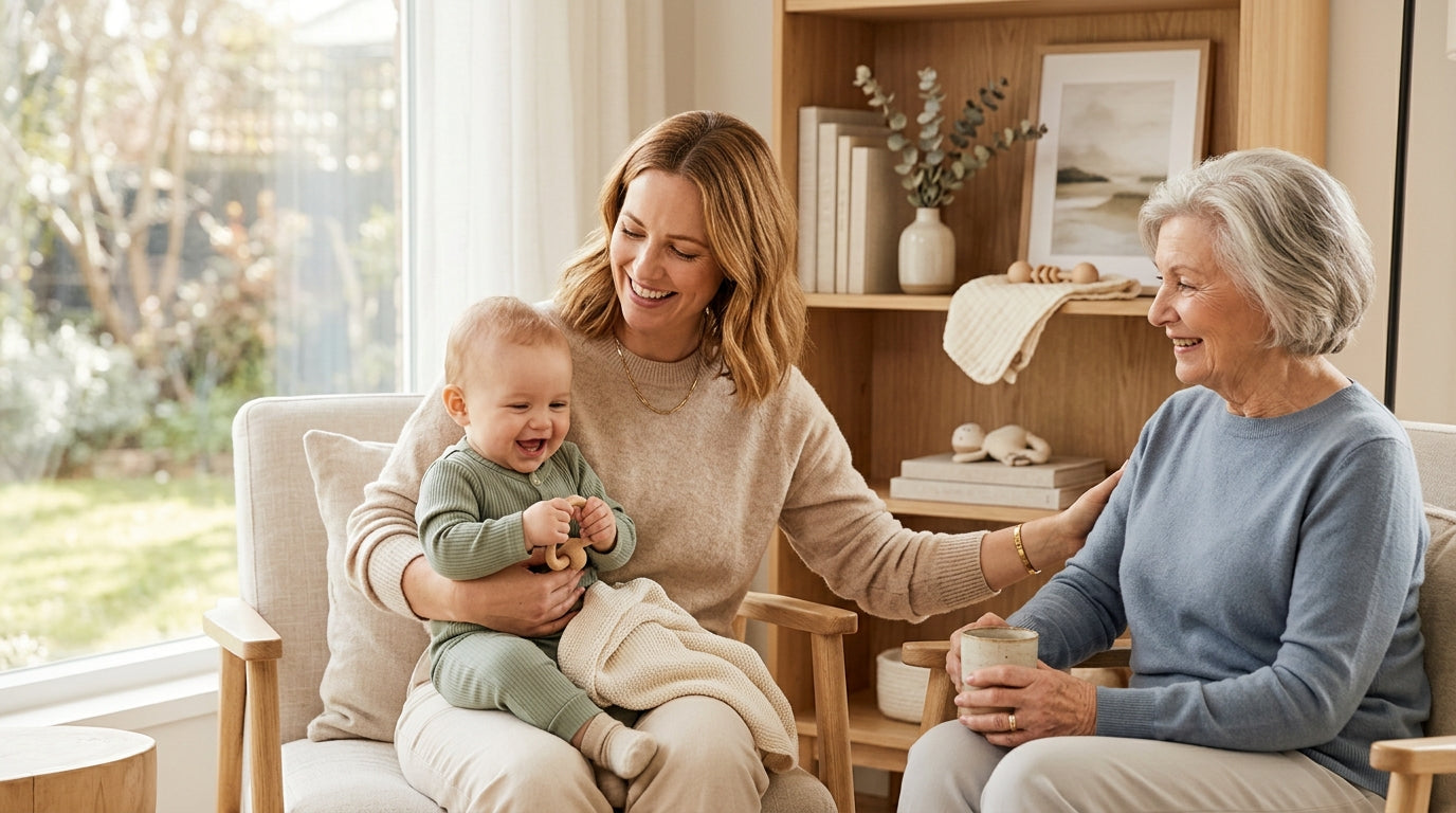 Stressed dad holding a coffee mug and a wooden baby gym