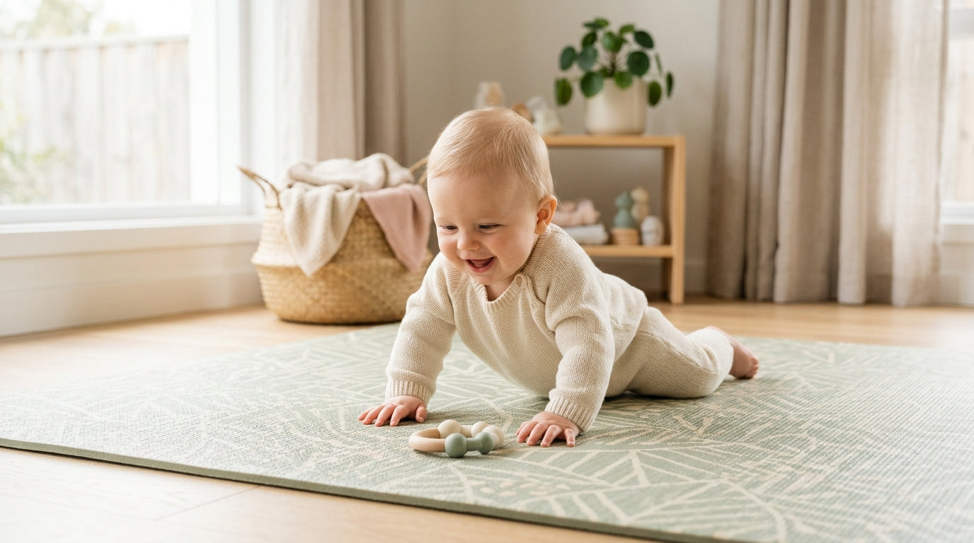 A tired dad staring analytically at an organic cotton baby play mat on the floor