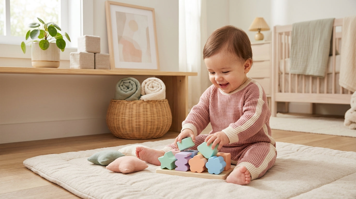 Confused dad holding a baby wearing a stiff vintage denim jacket
