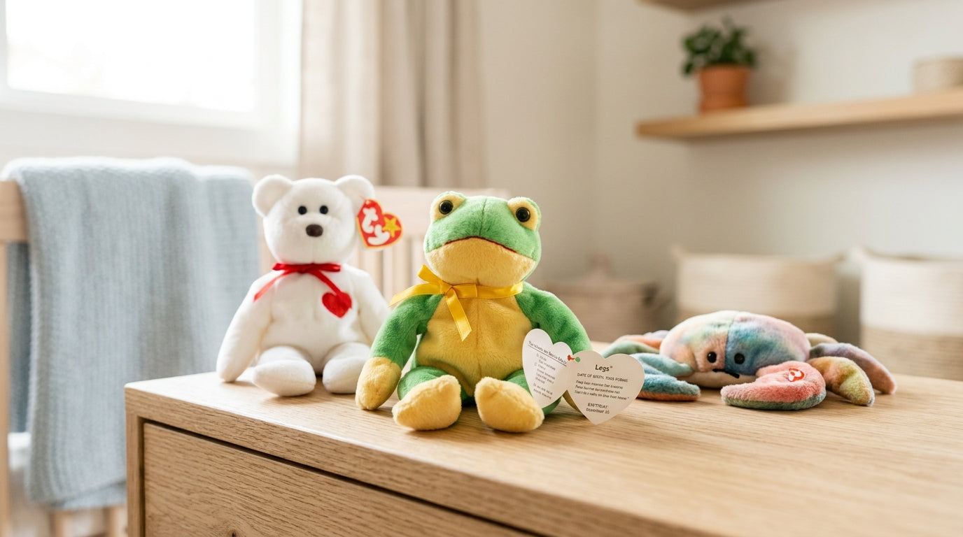 A dad holding a vintage zebra plush toy next to a modern organic baby teether