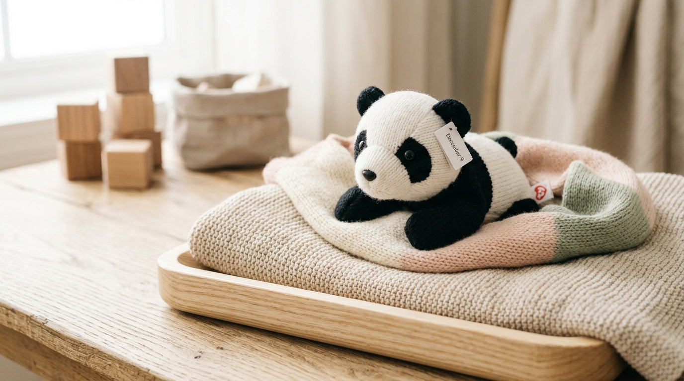A dad holding a vintage plush dragon while looking stressed in a nursery