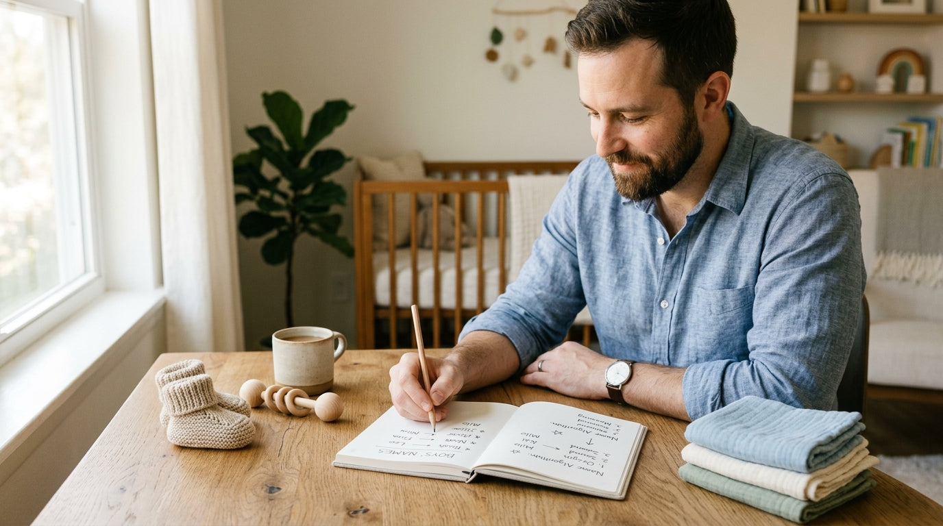 A sleep-deprived dad staring at a spreadsheet of baby boy names on his laptop