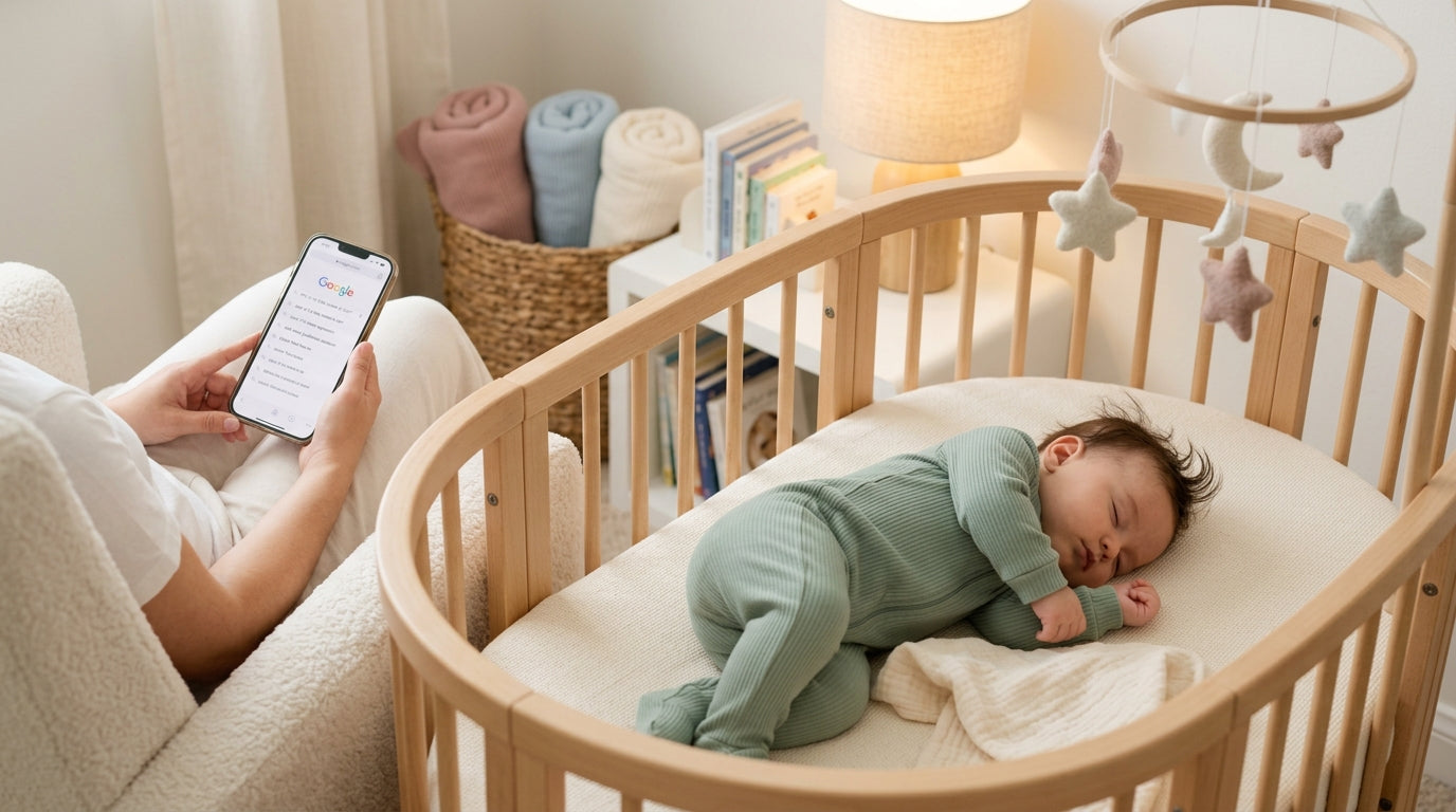 Tired dad researching infant sleep and feeding hacks on a smartphone in a dark nursery.