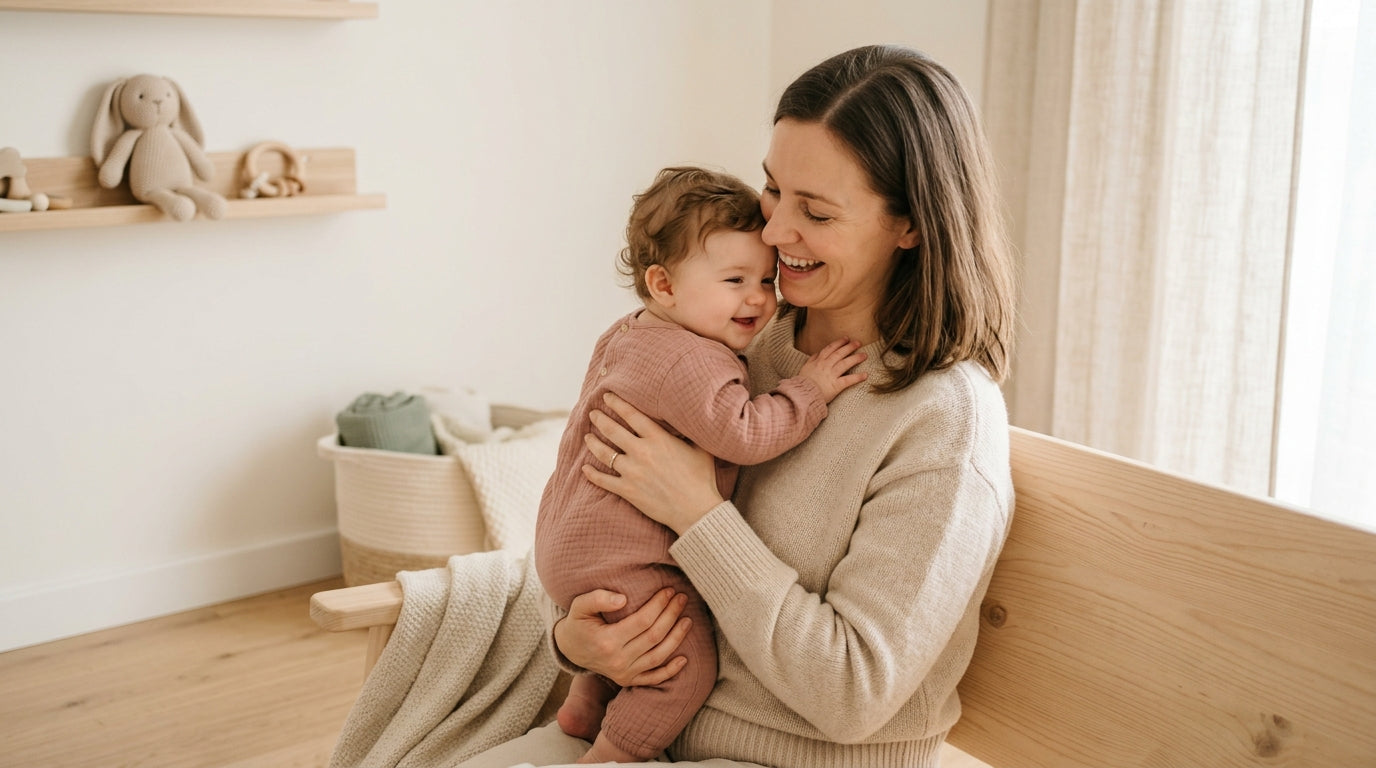 Exhausted mom holding baby in a dim nursery with an organic cotton blanket