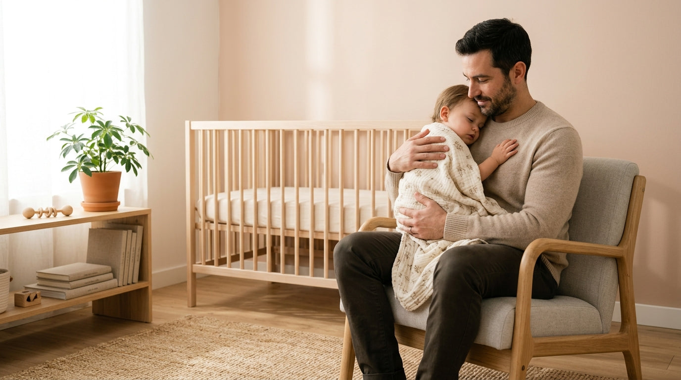 Marcus looking confused at a basal body thermometer while holding a tiny bamboo blanket