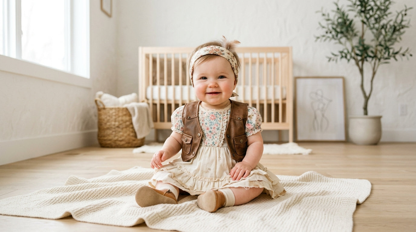 Baby in a 1970s style organic cotton bell-bottom outfit crawling on a living room rug