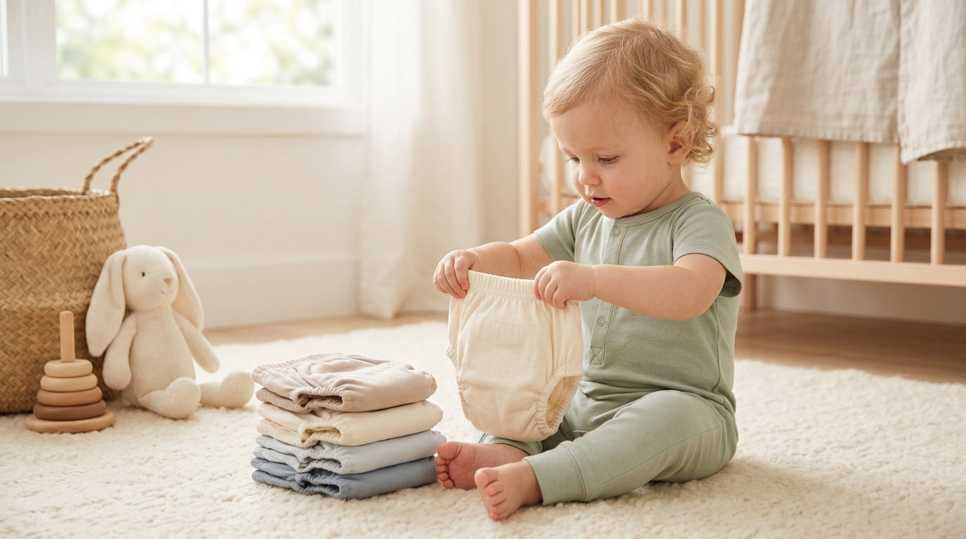 A dad looking confused at a pile of different disposable and cloth diaper pants