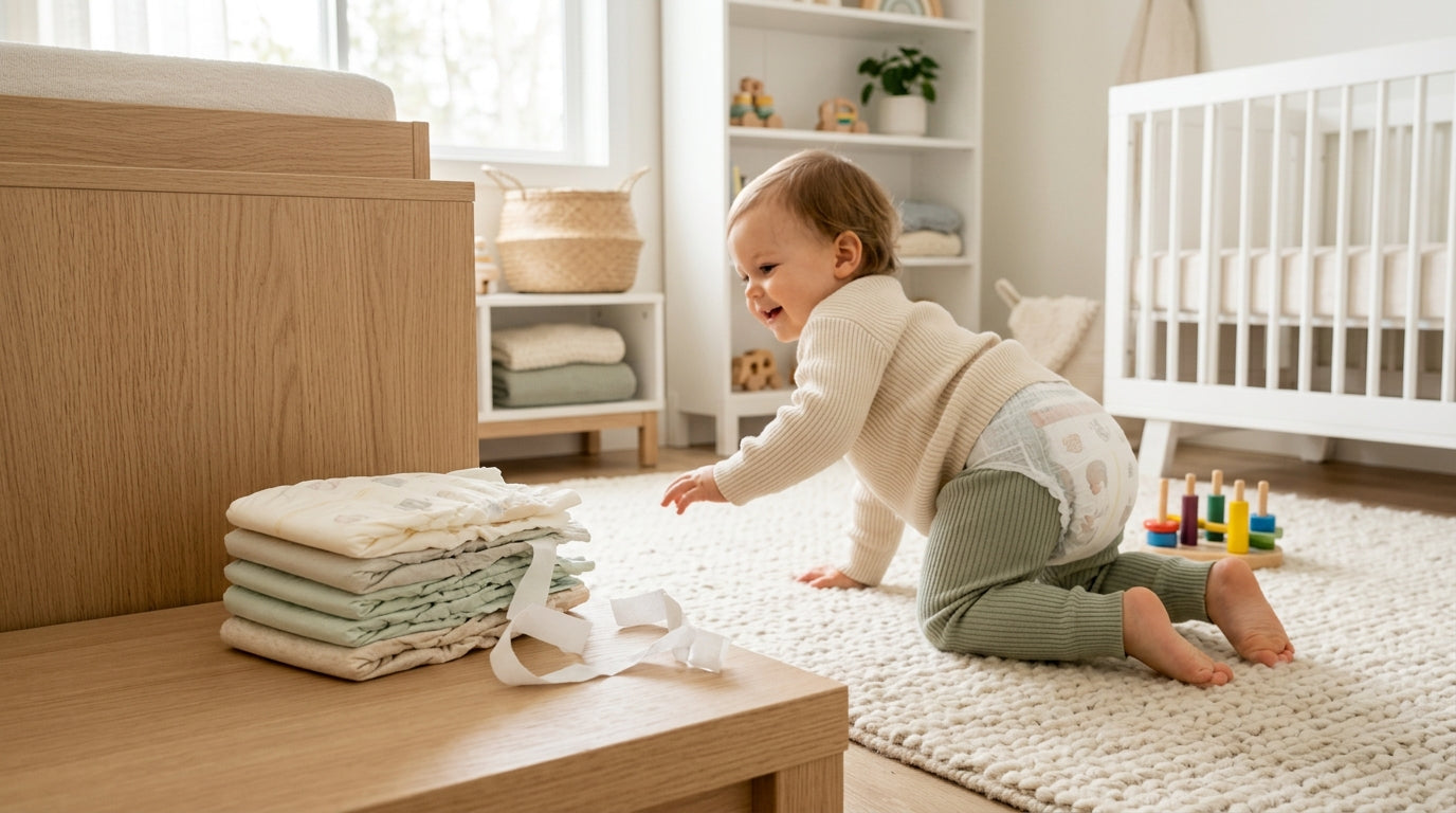 A frustrated mom holding a roll of baby-proofing tape next to a toddler