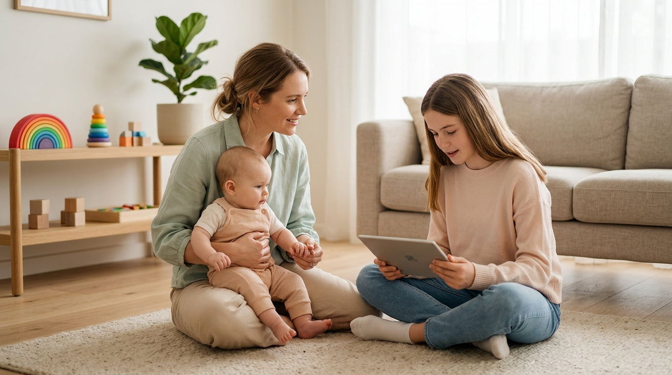 A worried dad looking at his smartphone while his baby plays happily with a wooden toy on the floor.